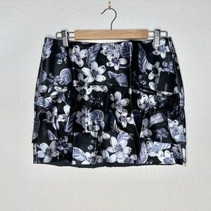 Zara Floral Print Faux Leather Mini Skirt - Size Large L NEW olive silver black